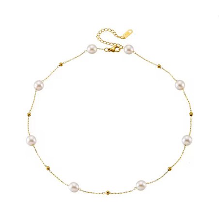 Collana donna titanio dorato con perle artificiali e sfere, regolabile