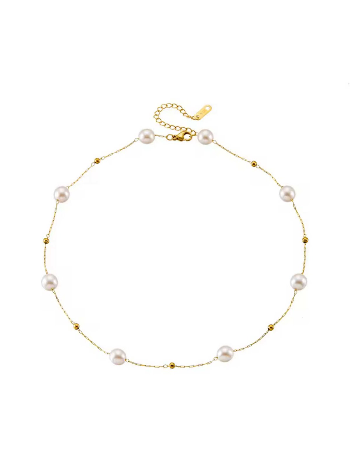 Collana donna titanio dorato con perle artificiali e sfere, regolabile