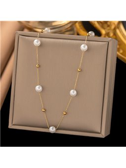 Collana donna titanio dorato con perle artificiali e sfere, regolabile