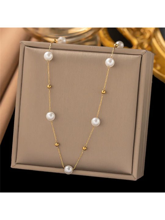 Collana donna titanio dorato con perle artificiali e sfere, regolabile