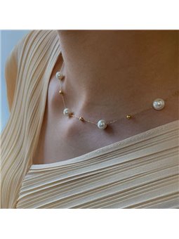 Collana donna titanio dorato con perle artificiali e sfere, regolabile