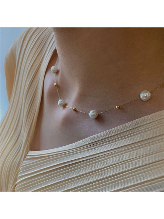 Collana donna titanio dorato con perle artificiali e sfere, regolabile
