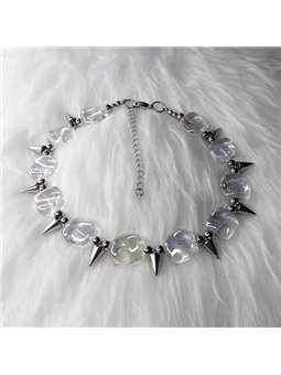 Collana donna in lega con pietre opalescenti, sfere e punte metalliche