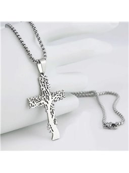 Collana unisex in acciaio con croce albero traforata su catena rollò