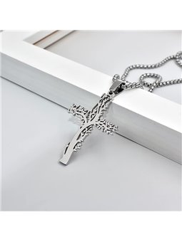 Collana unisex in acciaio con croce albero traforata su catena rollò