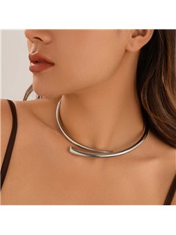 Collana rigida argentata in lega, choker moderno a profilo tubolare