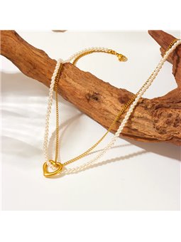 Collana donna dorata doppio filo con perle bianche e cuore