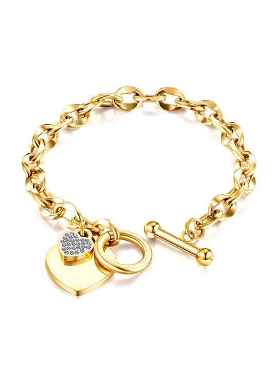 Bracciale donna titanio con catena e doppio cuore, toggle clasp