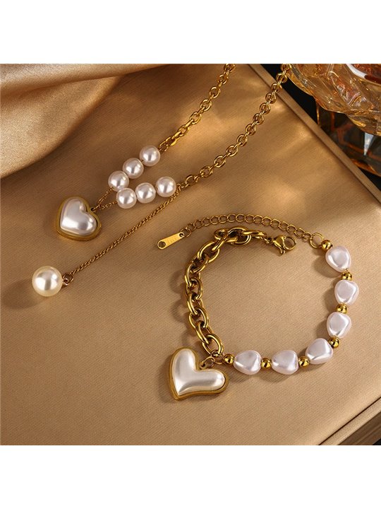 Set Collana e Bracciale Oro con Cuore Madreperla e Perle