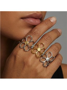Anello Fiore Oversize in Acciaio Traforato Oro e Argento