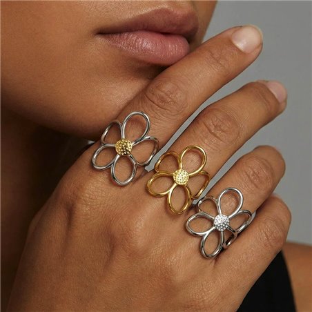 Anello Fiore Oversize in Acciaio Traforato Oro e Argento