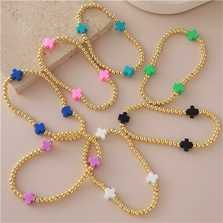 Bracciale Pop Cross Elastico con Sfere Oro e Croci Colorate