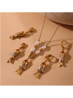 Set Oriental Koi Collana e Orecchini Acciaio e Perle