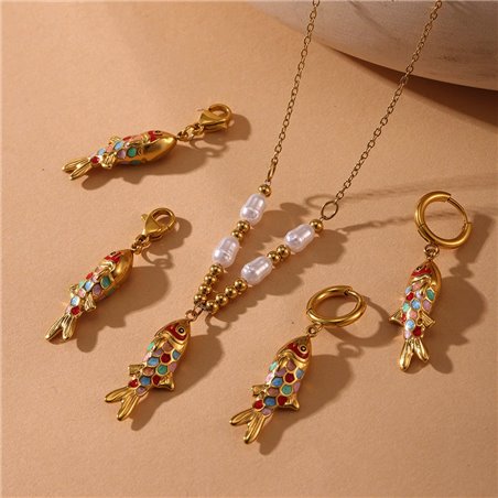 Set Oriental Koi Collana e Orecchini Acciaio e Perle