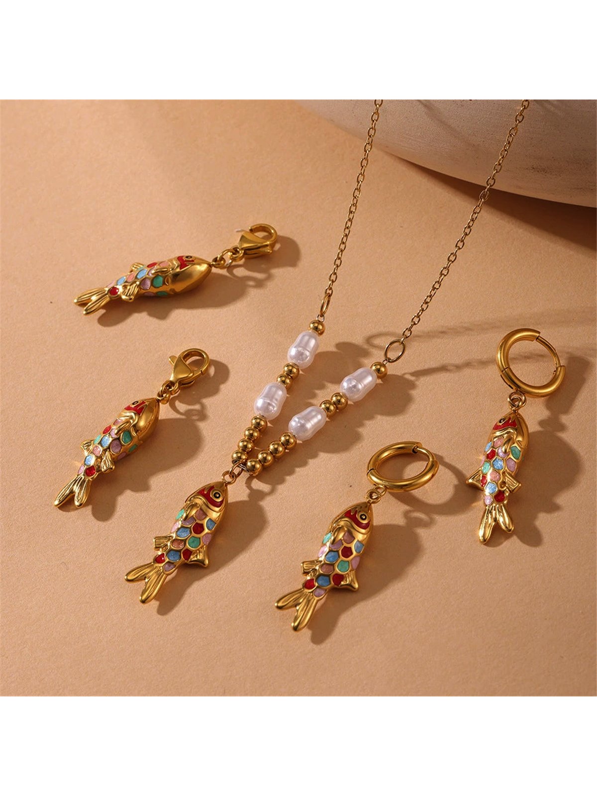 Set Oriental Koi Collana e Orecchini Acciaio e Perle
