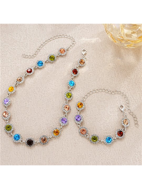 Parure Rainbow Halo con collana e bracciale ai cristalli colorati