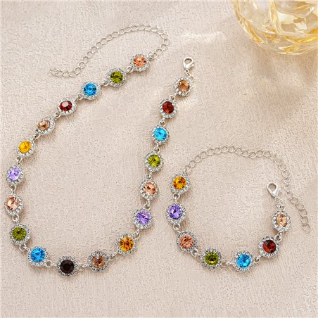 Parure Rainbow Halo con collana e bracciale ai cristalli colorati