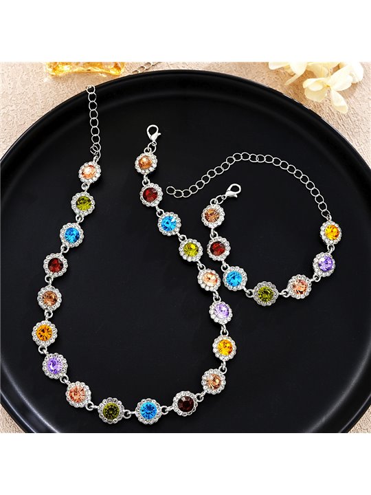 Parure Rainbow Halo con collana e bracciale ai cristalli colorati