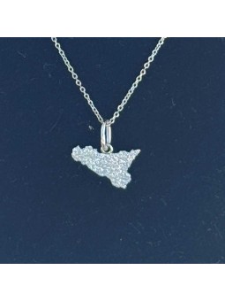 Collana con Ciondolo a Forma di Sicilia mm 10x15 con Smalto Glitter in Argento 925
