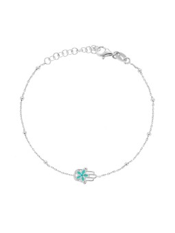 Bracciale catena forzatina con palline con mano di fatima e smalto turchese in argento 925