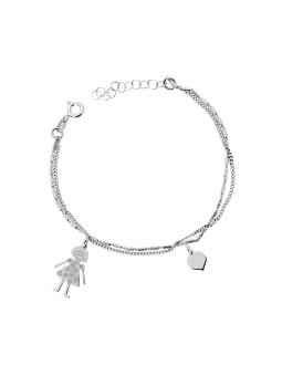 Bracciale due fili catena grumetta e cilindretti diamantati con cuore e bimba plain in argento 925