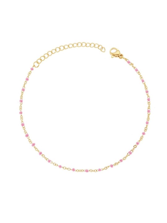 Cavigliera catena forzatina diamantata con smalti rosa in acciaio colore oro