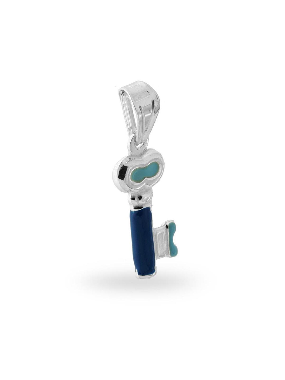 Ciondolo per bimbo e bimba con chiave smaltata blu in argento 925
