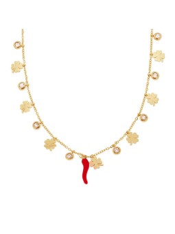 Collana catena forzatina diamantata con charms portafortuna corno smalto rosso quadrifoglio plain e zirconi bianchi pendenti in 